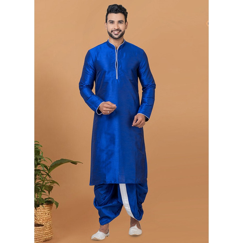 2 Pc Royal Blue Dupion Silk Kurta And Dhoti Set - JD986582553