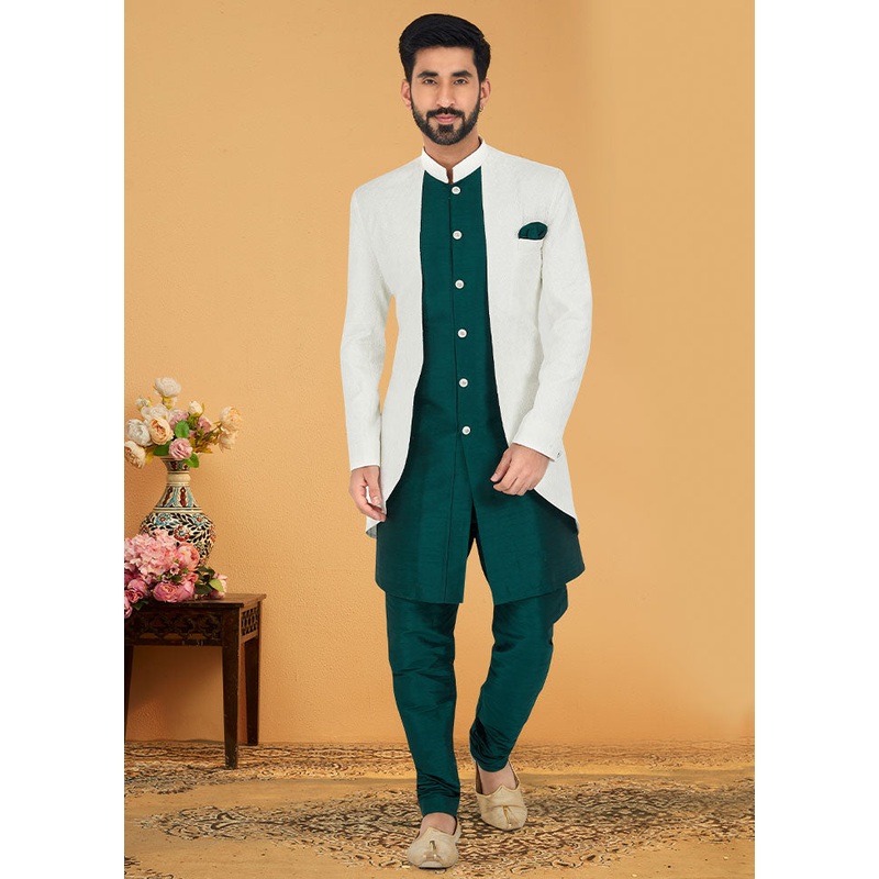 2 Pc Sea Green Cotton Kurta And Pajama Set - JD986582550