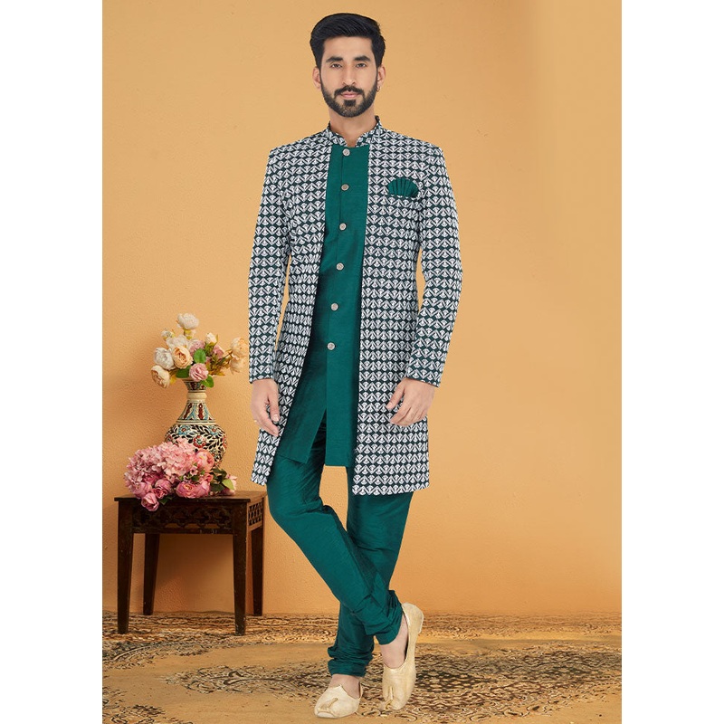 2 Pc Sea Green Cotton Kurta And Pajama Set - JD986582552