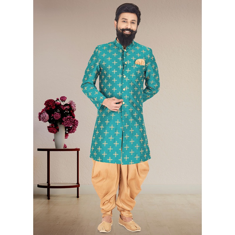 2 Pc Sea Green Dupion Silk Kurta And Pajama Set - JD986582542