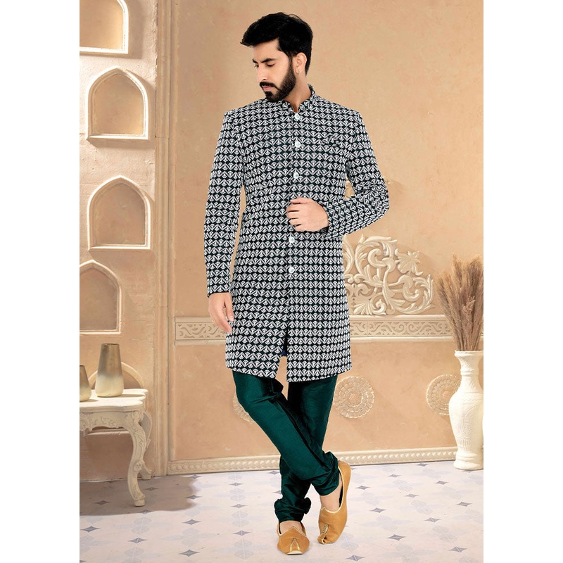 2 Pc Sea Green Dupion Silk Kurta And Pajama Set - JD986582543