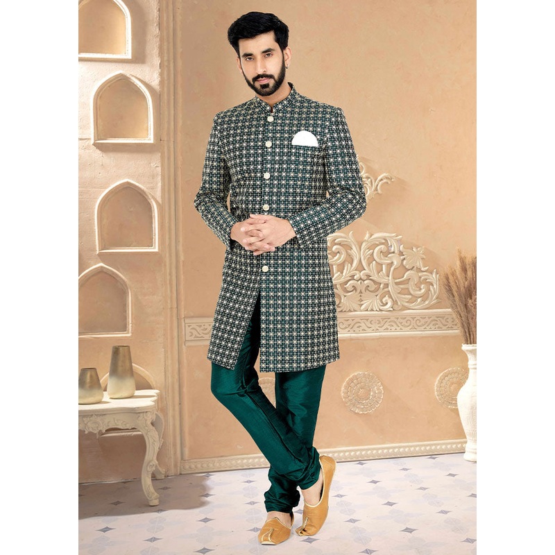 2 Pc Sea Green Dupion Silk Kurta And Pajama Set - JD986582544