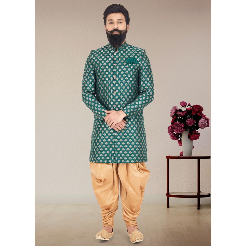 2 Pc Sea Green Dupion Silk Kurta And Pajama Set - JD986582545