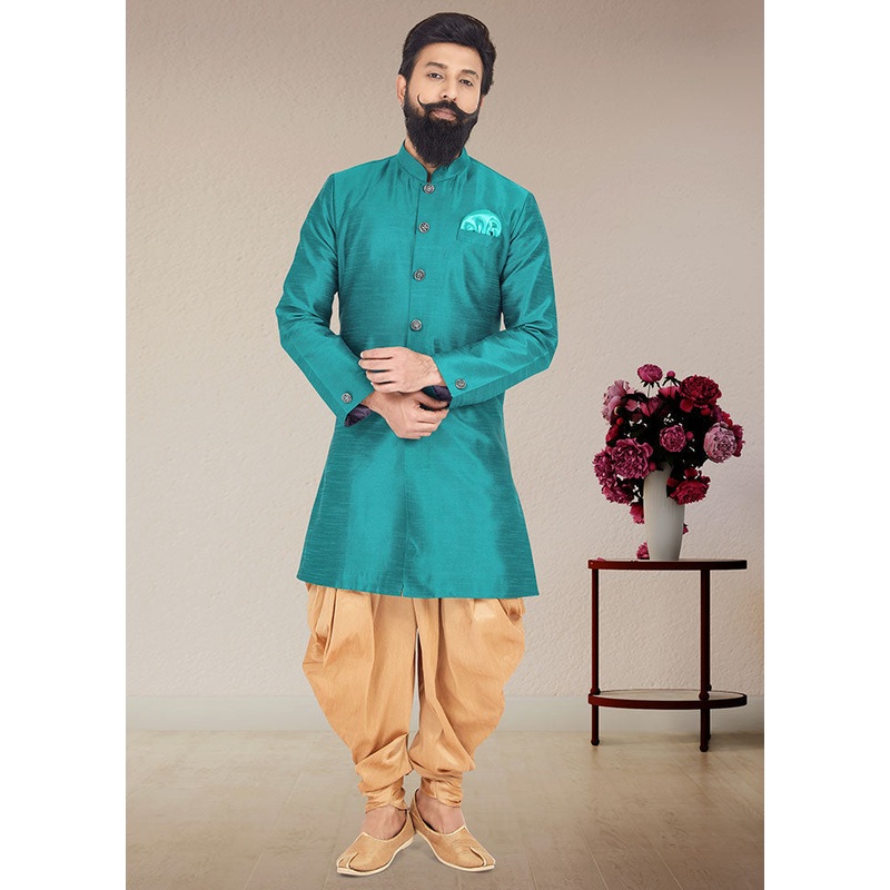 2 Pc Sea Green Dupion Silk Kurta And Pajama Set - JD986582546