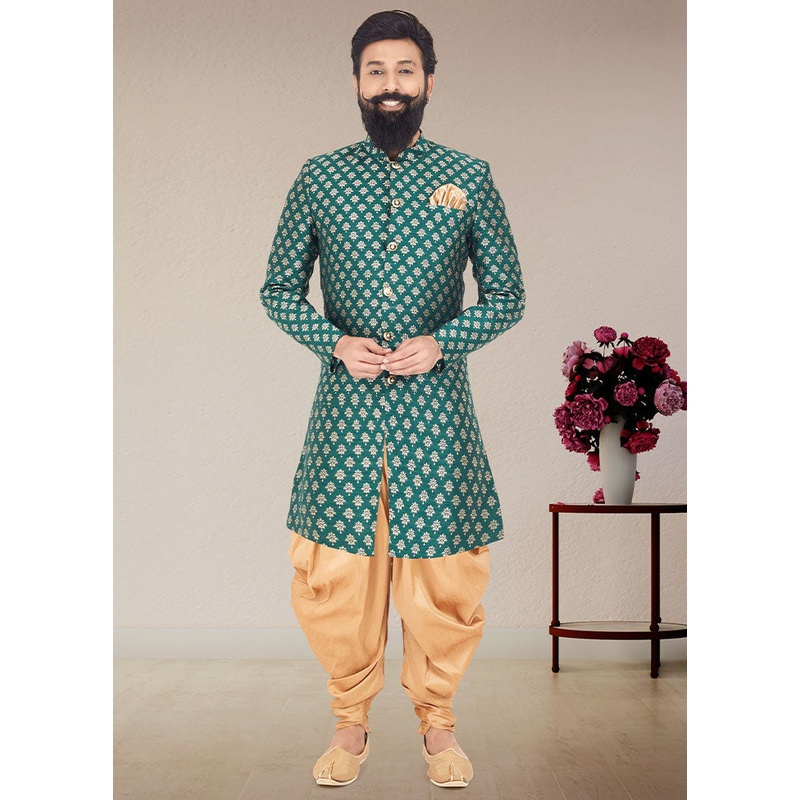 2 Pc Sea Green Dupion Silk Kurta And Pajama Set - JD986582547