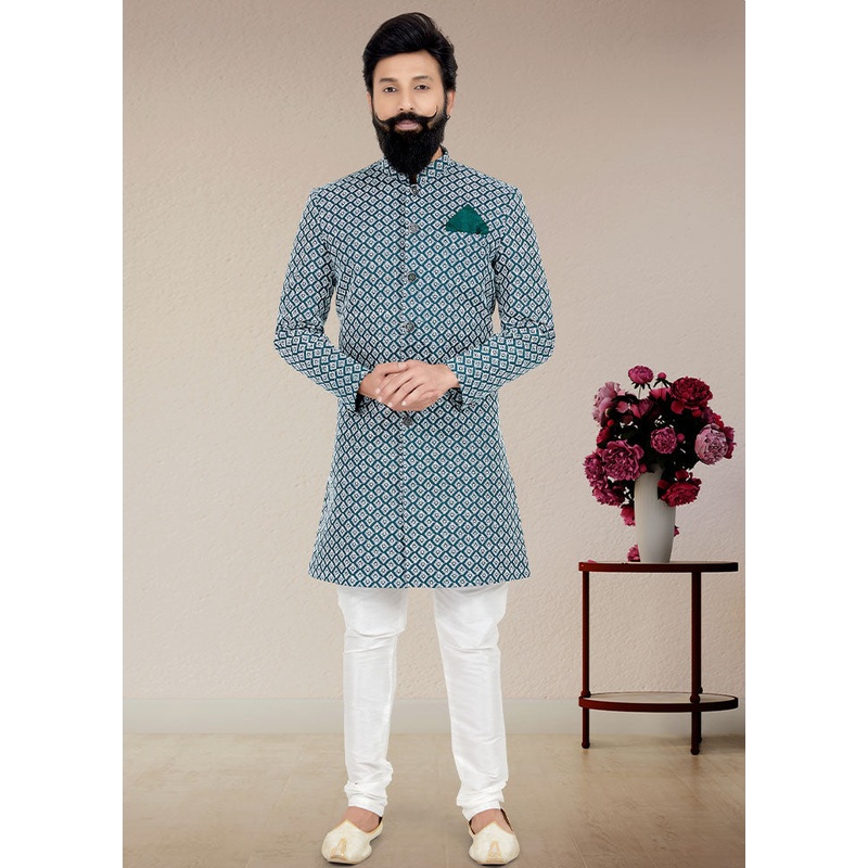 2 Pc Sea Green Dupion Silk Kurta And Pajama Set - JD986582548