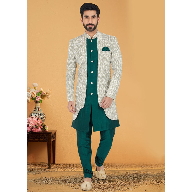 2 Pc Sea Green Dupion Silk Kurta And Pajama Set - JD986582549