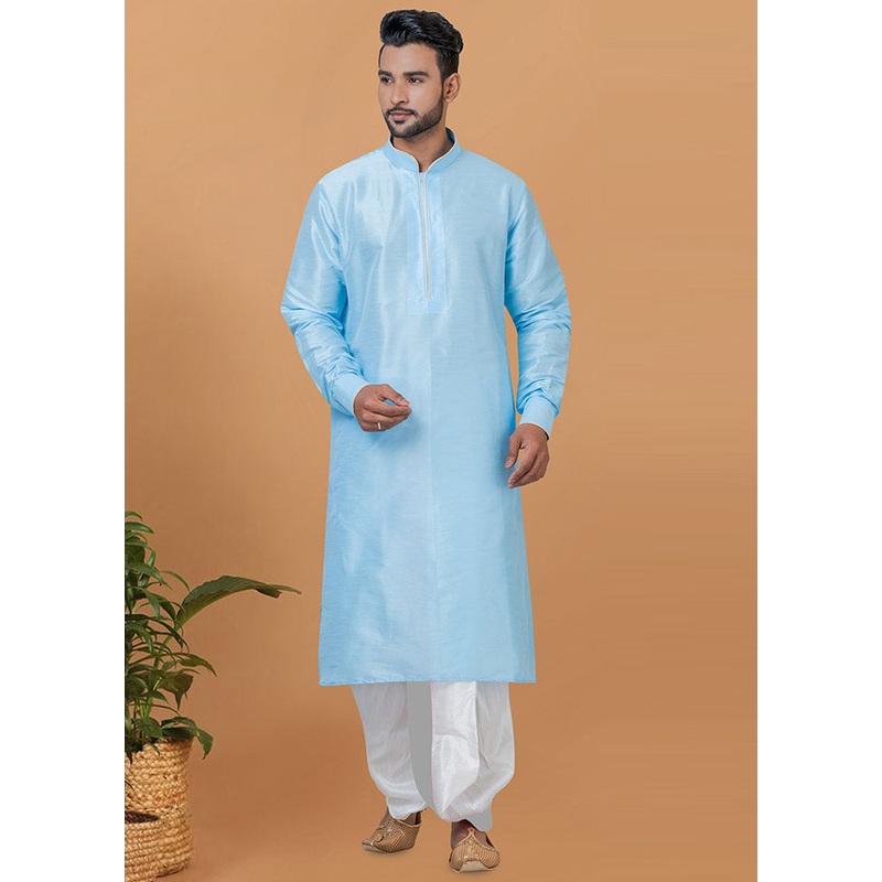 2 Pc Sky Blue Dupion Silk Kurta And Dhoti Set - JD986582532