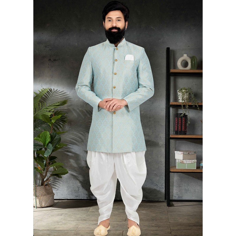 2 Pc Sky Blue Dupion Silk Kurta And Pajama Set - JD986582529