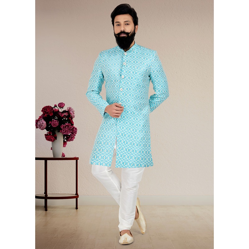 2 Pc Sky Blue Dupion Silk Kurta And Pajama Set - JD986582530