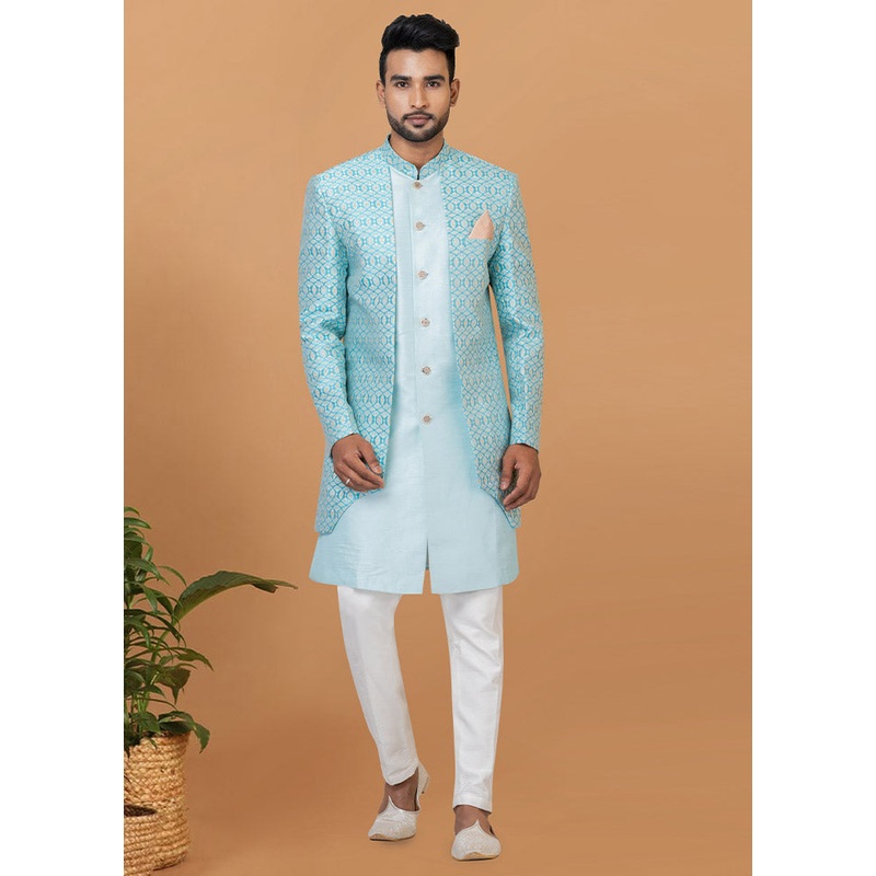 2 Pc Sky Blue Silk Kurta Pajama Set - JD986582527