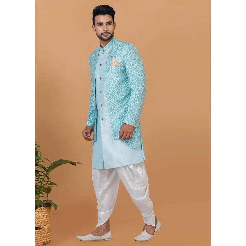 2 Pc Sky Blue Silk Kurta Pajama Set - JD986582528
