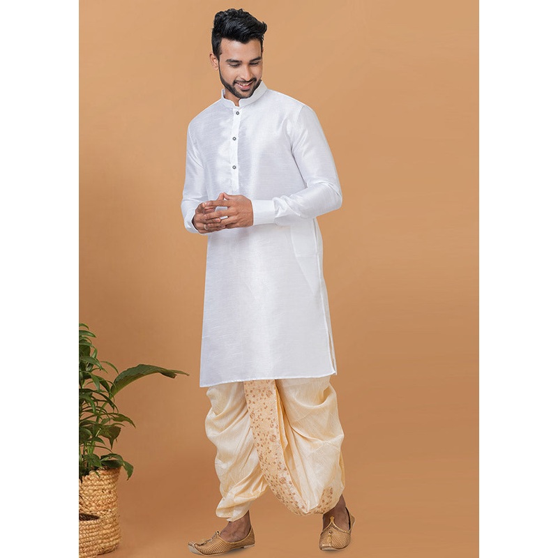 2 Pc White Dupion Silk Kurta And Dhoti Set - JD986582517