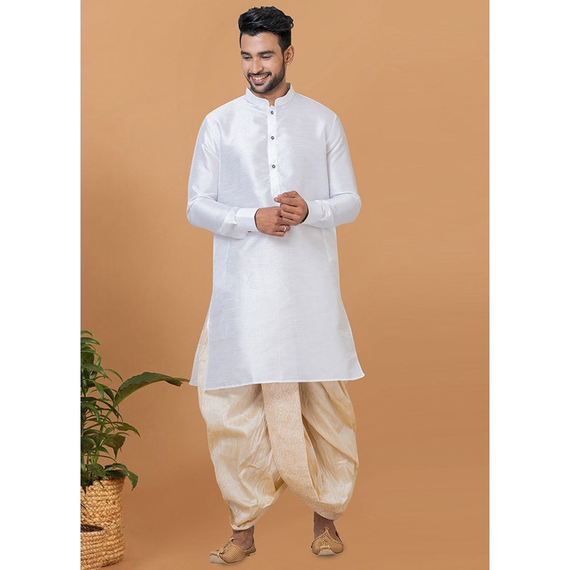 2 Pc White Dupion Silk Kurta And Dhoti Set - JD986582518