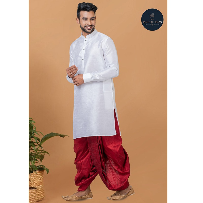 2 Pc White Dupion Silk Kurta And Dhoti Set - JD986582519