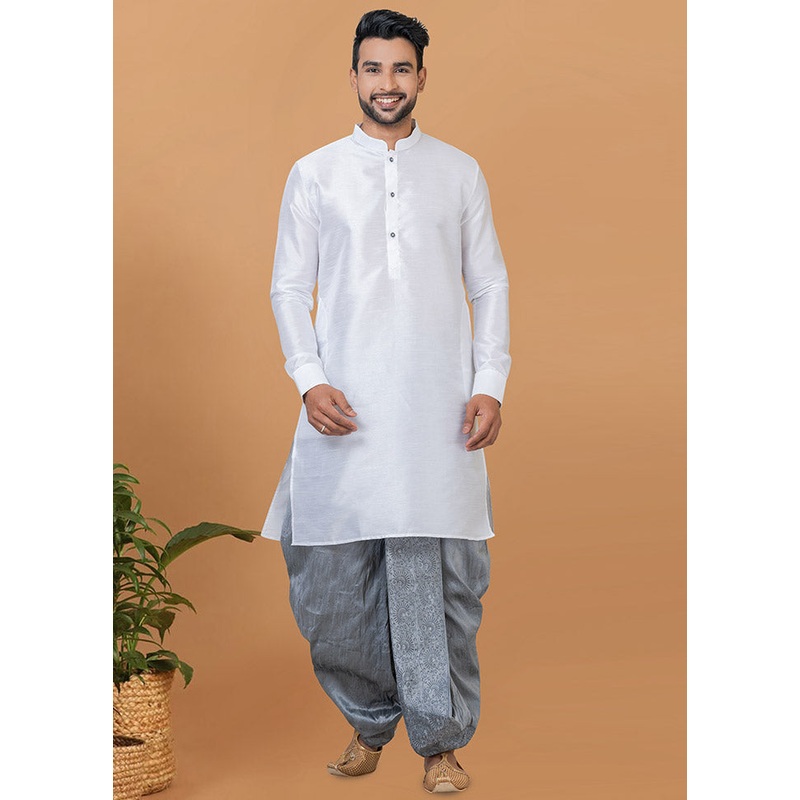 2 Pc White Dupion Silk Kurta And Dhoti Set - JD986582520