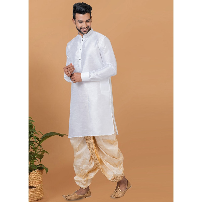 2 Pc White Dupion Silk Kurta And Dhoti Set - JD986582521
