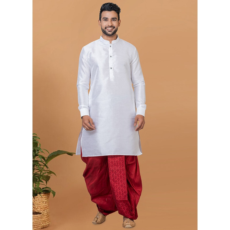 2 Pc White Dupion Silk Kurta And Dhoti Set - JD986582522