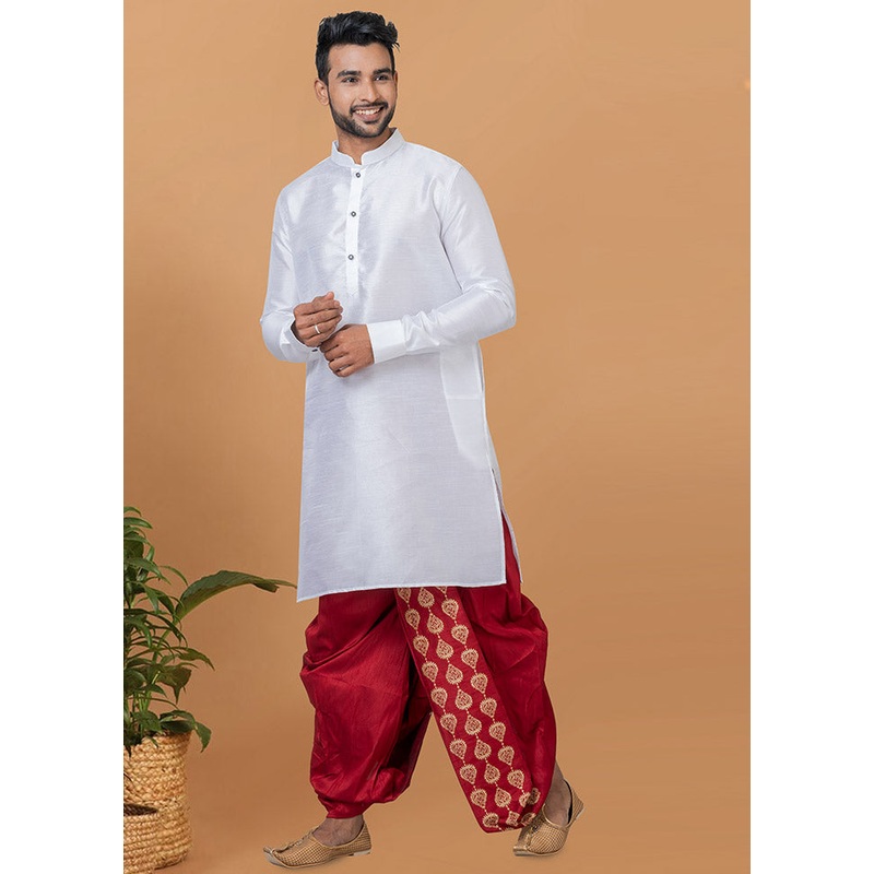 2 Pc White Dupion Silk Kurta And Dhoti Set - JD986582523