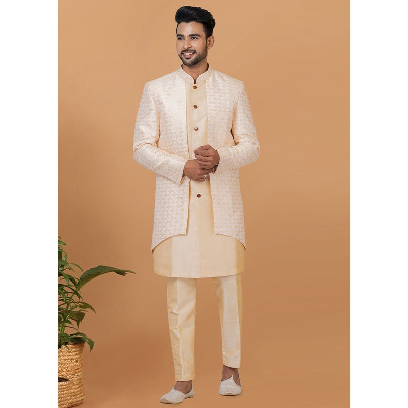 2 Pc White Silk Kurta Pajama Set - JD986582513