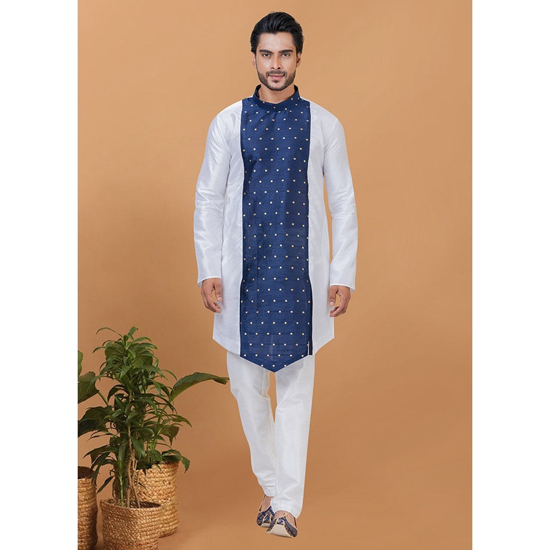 2 Pc White Silk Kurta Pajama Set - JD986582514
