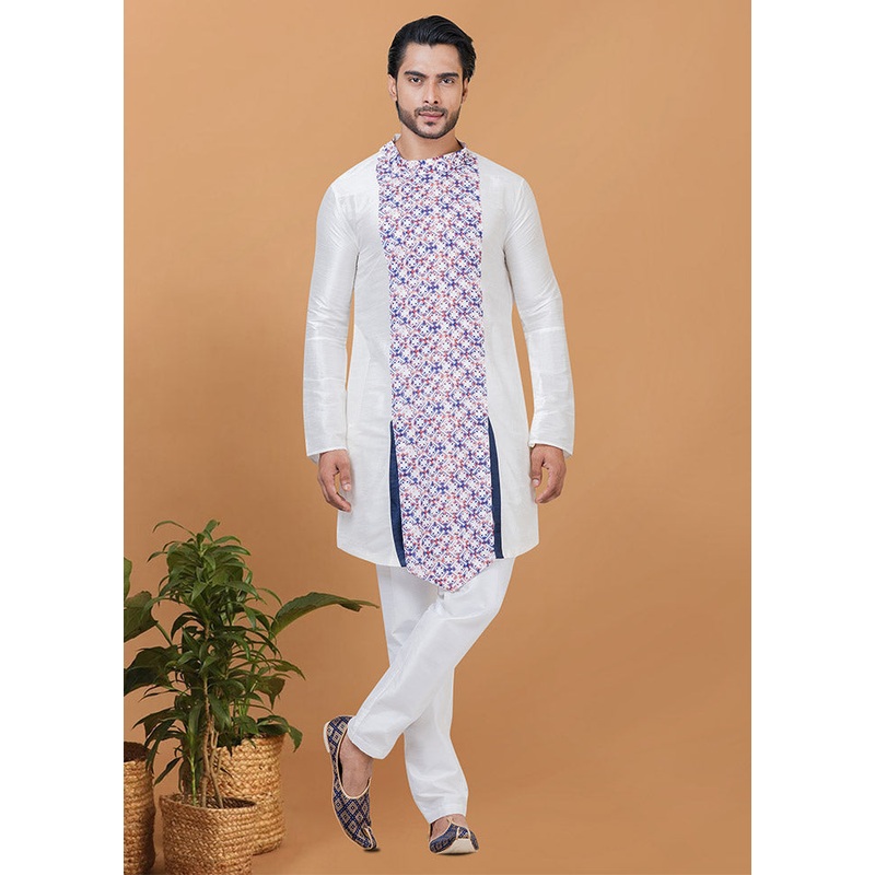 2 Pc White Silk Kurta Pajama Set - JD986582515