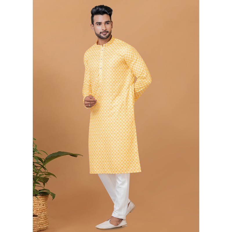 2 Pc Yellow Cotton Kurta Pajama Set - JD986582502