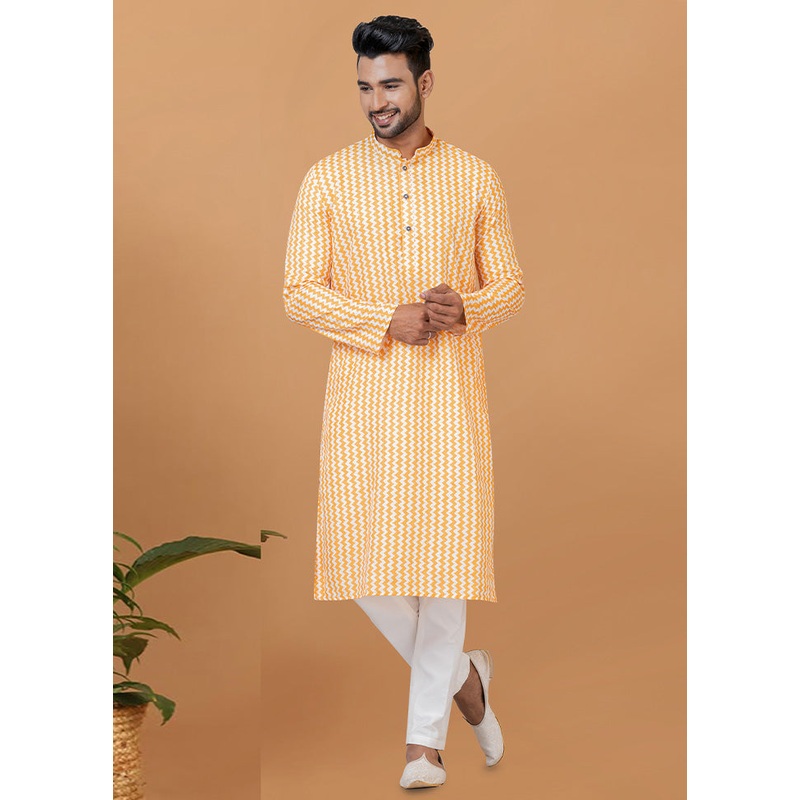 2 Pc Yellow Cotton Kurta Pajama Set - JD986582503
