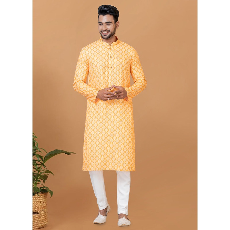 2 Pc Yellow Cotton Kurta Pajama Set - JD986582504
