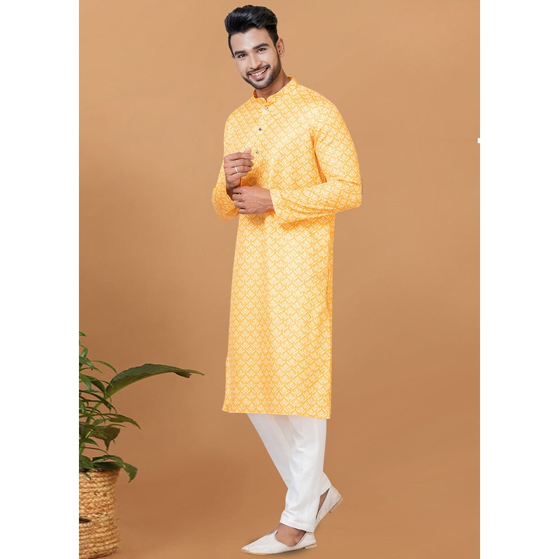 2 Pc Yellow Cotton Kurta Pajama Set - JD986582505