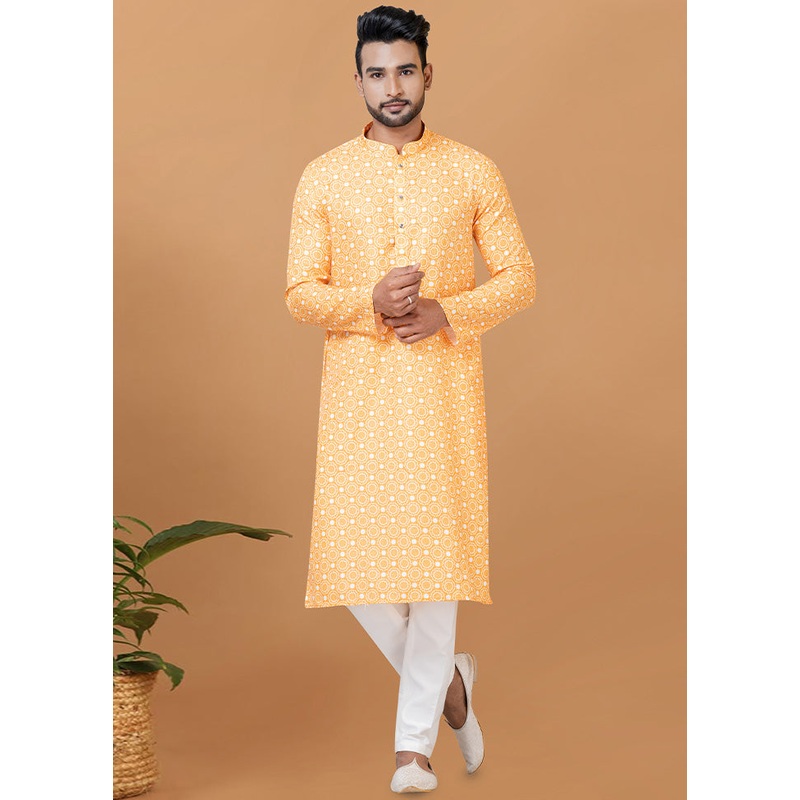 2 Pc Yellow Cotton Kurta Pajama Set - JD986582506