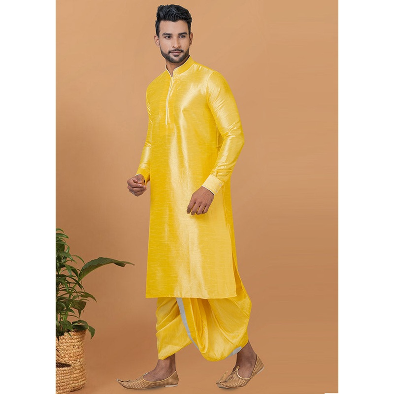 2 Pc Yellow Dupion Silk Kurta And Dhoti Set - JD986582499
