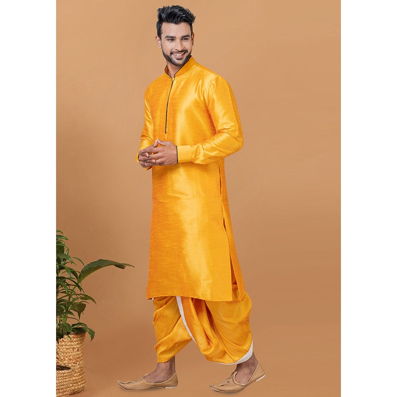 2 Pc Yellow Dupion Silk Kurta And Dhoti Set - JD986582500