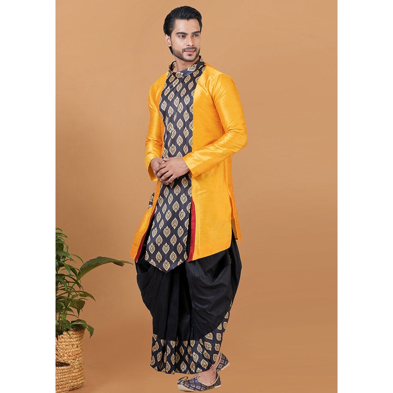 2 Pc Yellow Dupion Silk Kurta And Dhoti Set - JD986582501