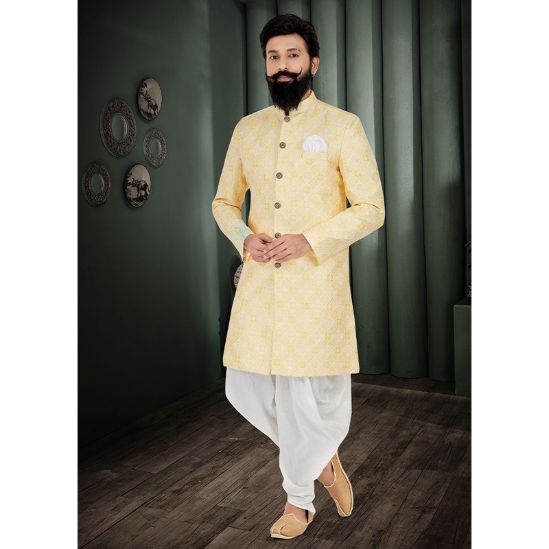 2 Pc Yellow Dupion Silk Kurta And Pajama Set - JD986582494