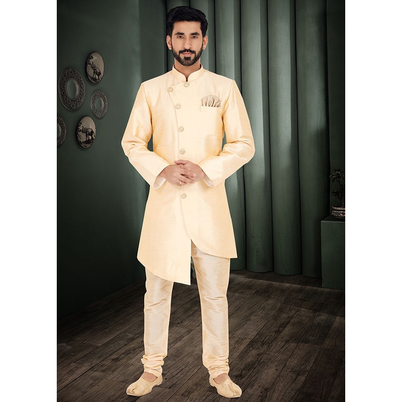 2 Pc Yellow Dupion Silk Kurta And Pajama Set - JD986582495