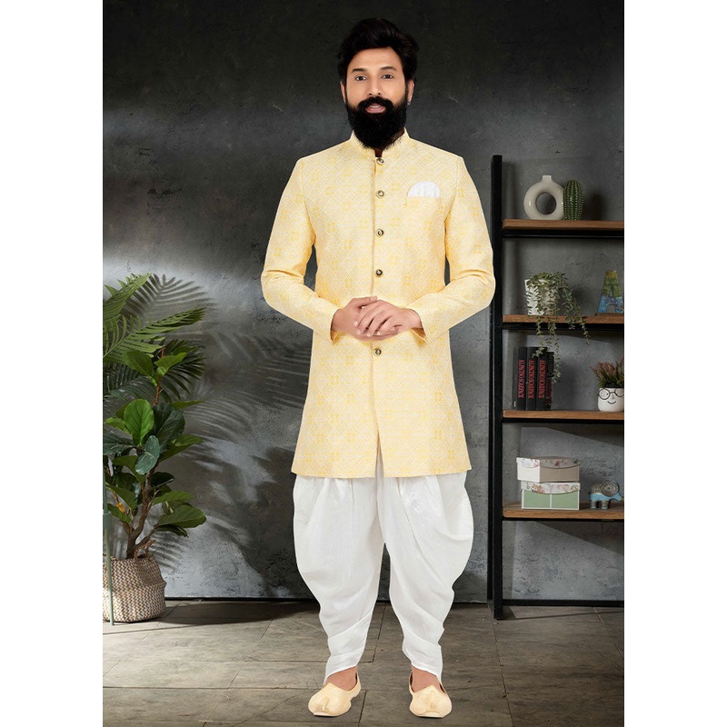 2 Pc Yellow Dupion Silk Kurta And Pajama Set - JD986582496