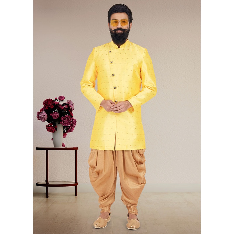 2 Pc Yellow Dupion Silk Kurta And Pajama Set - JD986582497