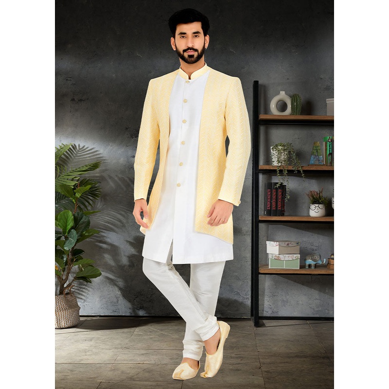 2 Pc Yellow Dupion Silk Kurta And Pajama Set - JD986582498