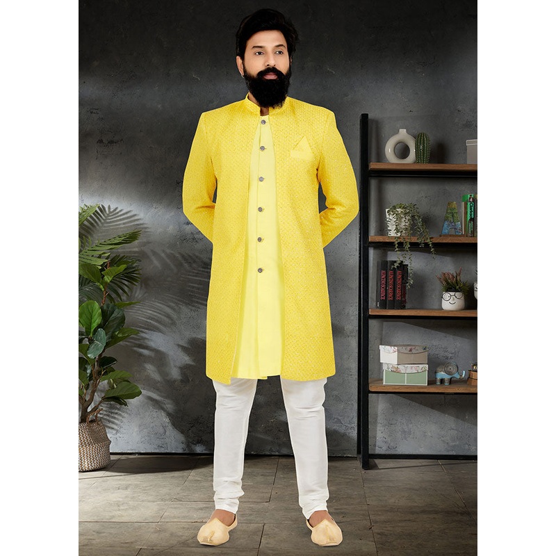 2 Pc Yellow Georgette Kurta And Pajama Set - JD986582492