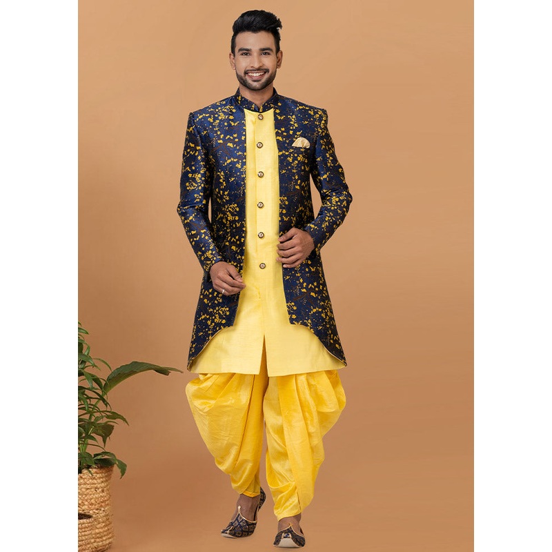 2 Pc Yellow Silk Kurta Pajama Set - JD986582490