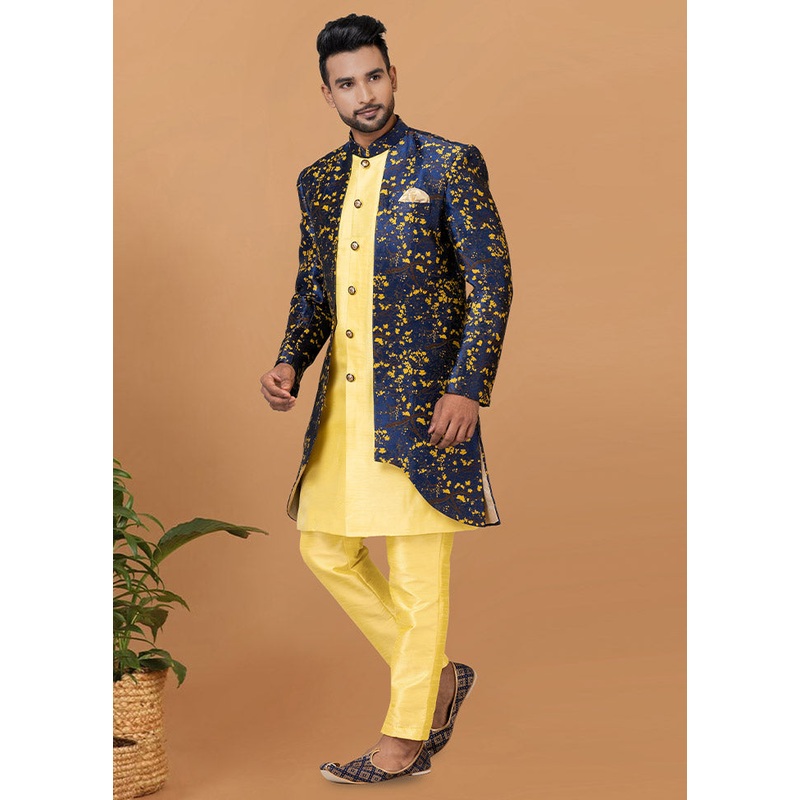 2 Pc Yellow Silk Kurta Pajama Set - JD986582491