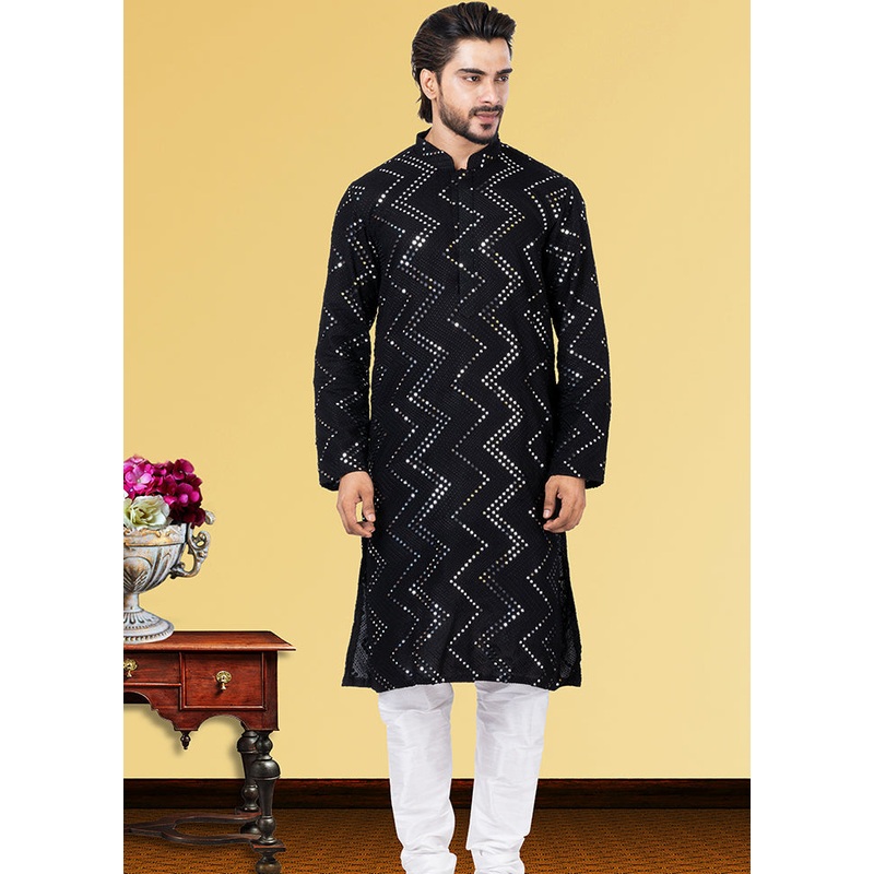 Black Jacquard Woven Silk Kurta Pajama Set - JD986582371