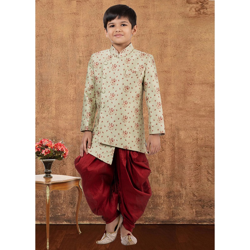 2 Pc Beige Jacquard Silk Kurta Dhoti Set - JD986582329