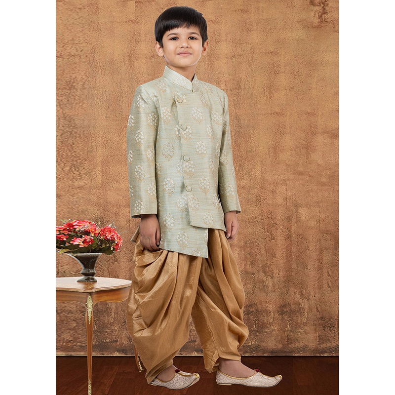 2 Pc Beige Jacquard Silk Kurta Dhoti Set - JD986582330