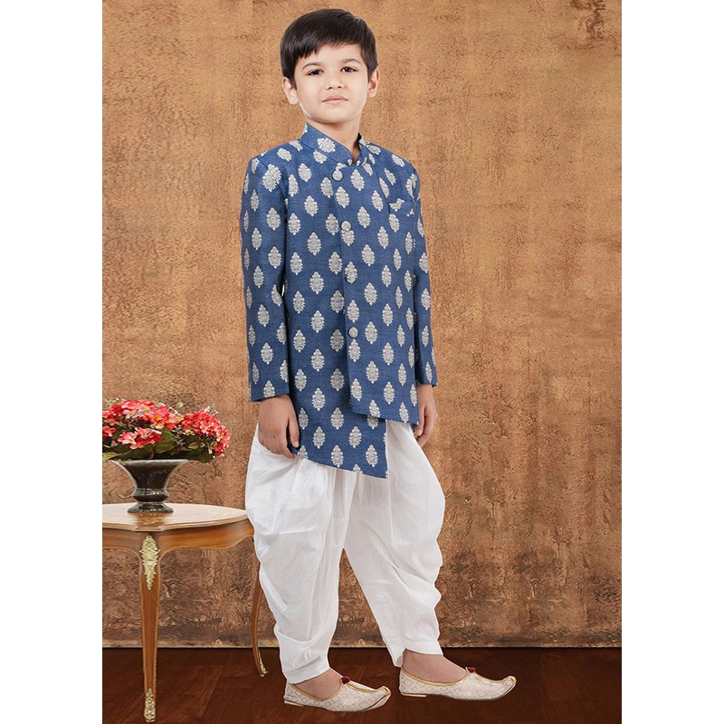 2 Pc Blue Jacquard Silk Kurta Dhoti Set - JD986582331