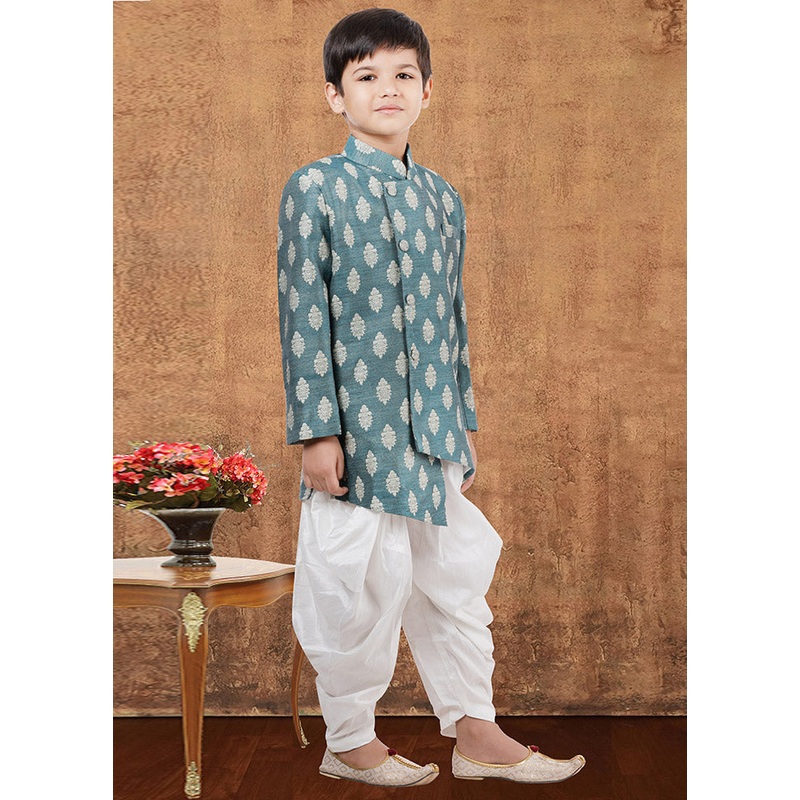 2 Pc Blue Jacquard Silk Kurta Dhoti Set - JD986582332