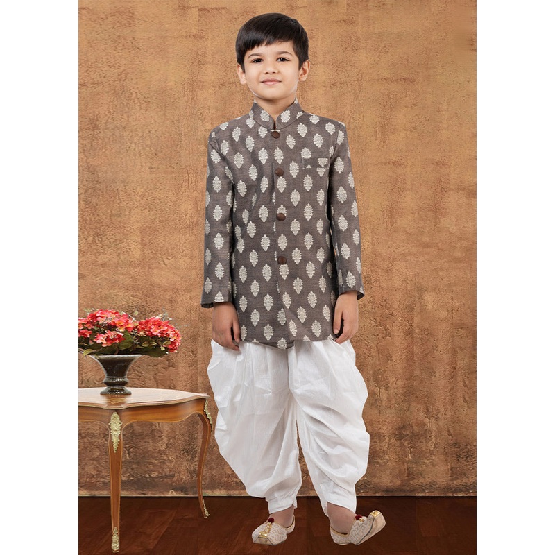 2 Pc Brown Dupion Silk Kurta Dhoti Set - JD986582333