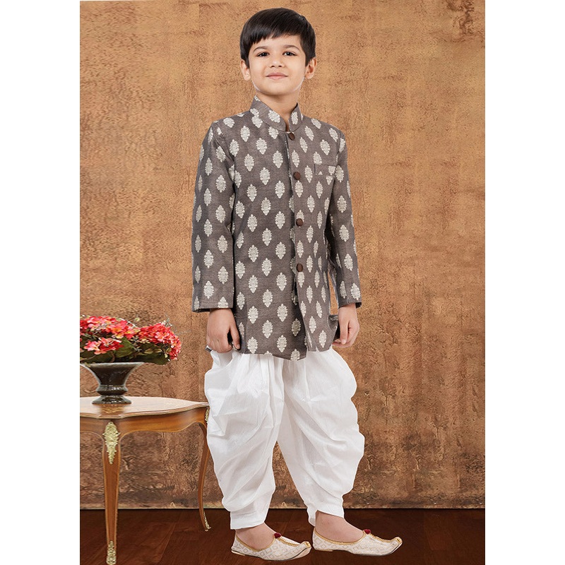 2 Pc Brown Jacquard Silk Kurta Dhoti Set - JD986582334
