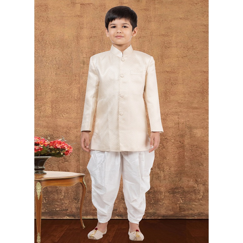 2 Pc Cream Dupion Silk Kurta Dhoti Set - JD986582335